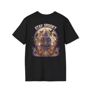 Back view of a black Stay Spooky unisex heavy cotton t-shirt featuring a large vintage Halloween graphic and bold retro typography.