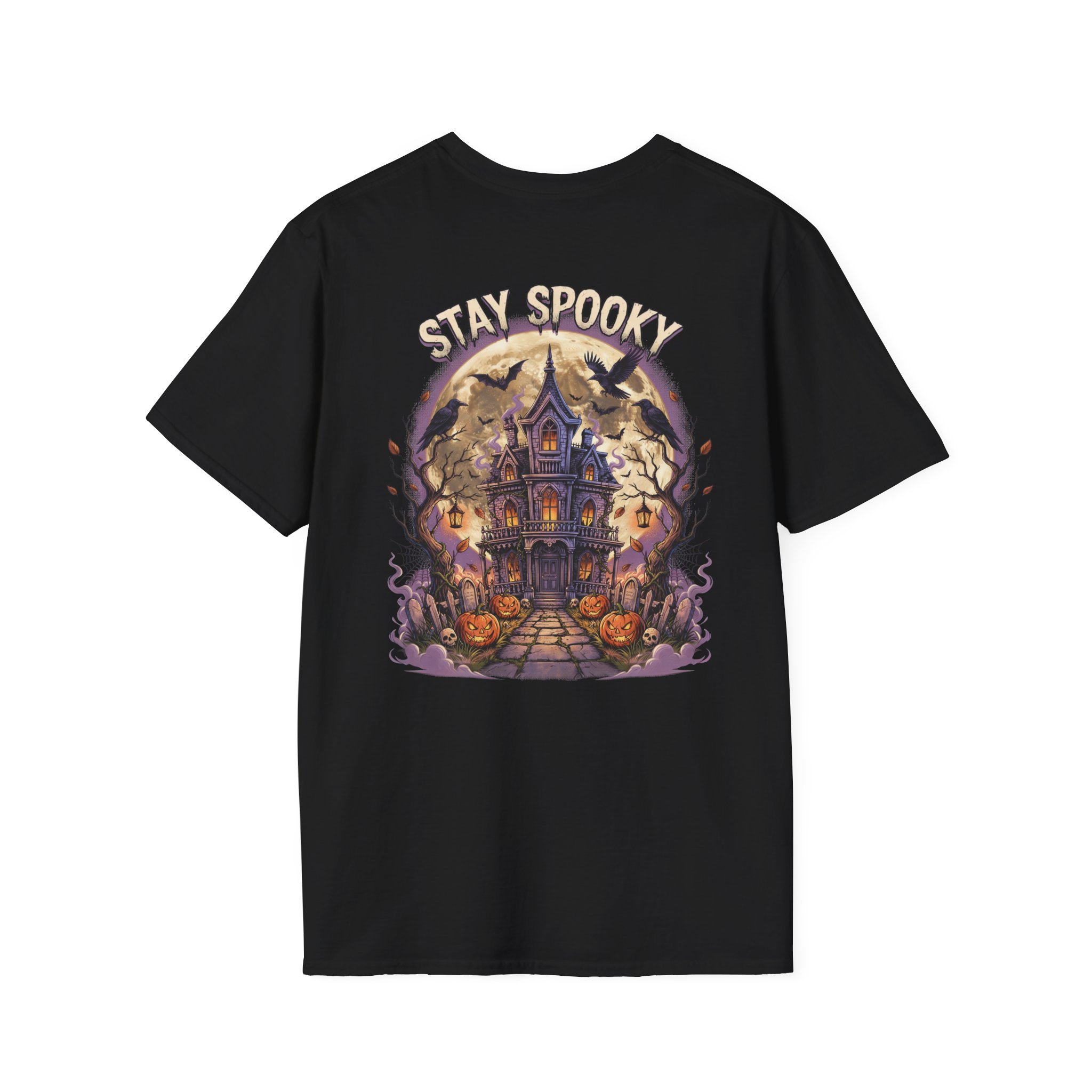 Back view of a black Stay Spooky unisex heavy cotton t-shirt featuring a large vintage Halloween graphic and bold retro typography.