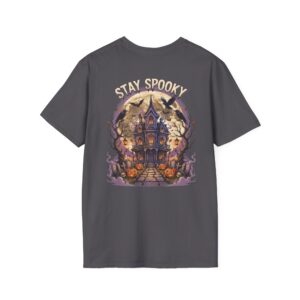 Back view of a black Stay Spooky unisex heavy cotton t-shirt featuring a large vintage Halloween graphic and bold retro typography.