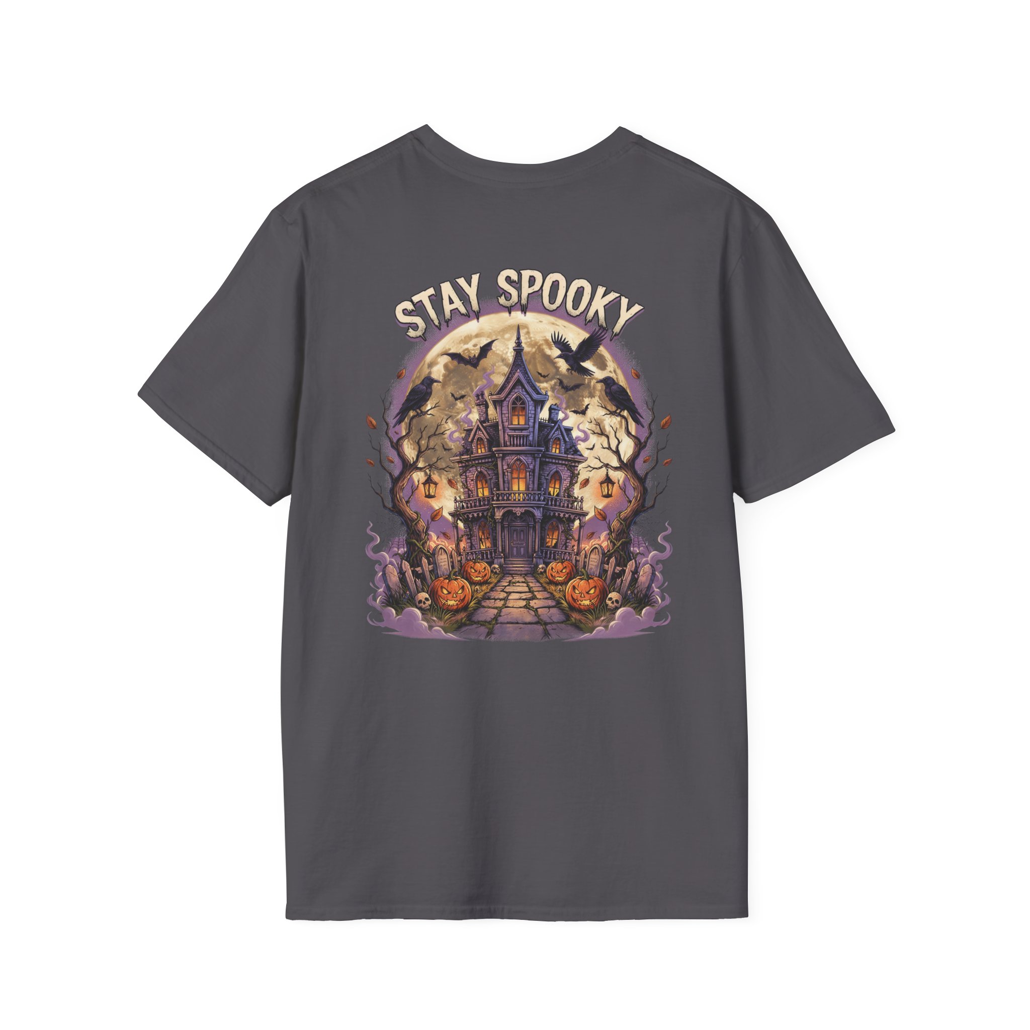 Back view of a black Stay Spooky unisex heavy cotton t-shirt featuring a large vintage Halloween graphic and bold retro typography.