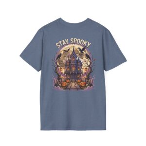 Back view of a black Stay Spooky unisex heavy cotton t-shirt featuring a large vintage Halloween graphic and bold retro typography.
