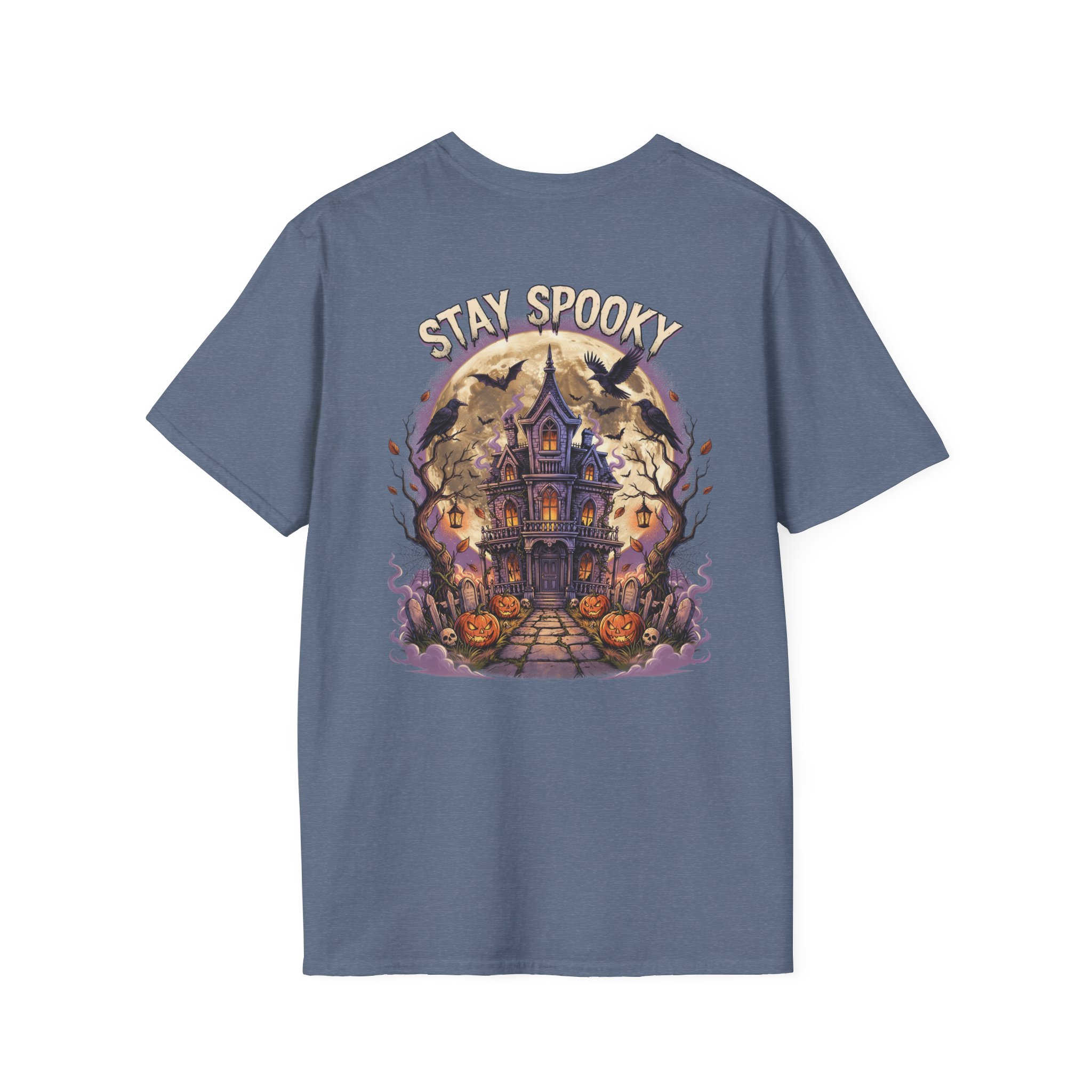 Back view of a black Stay Spooky unisex heavy cotton t-shirt featuring a large vintage Halloween graphic and bold retro typography.