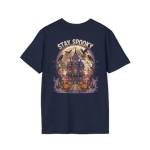 Back view of a black Stay Spooky unisex heavy cotton t-shirt featuring a large vintage Halloween graphic and bold retro typography.
