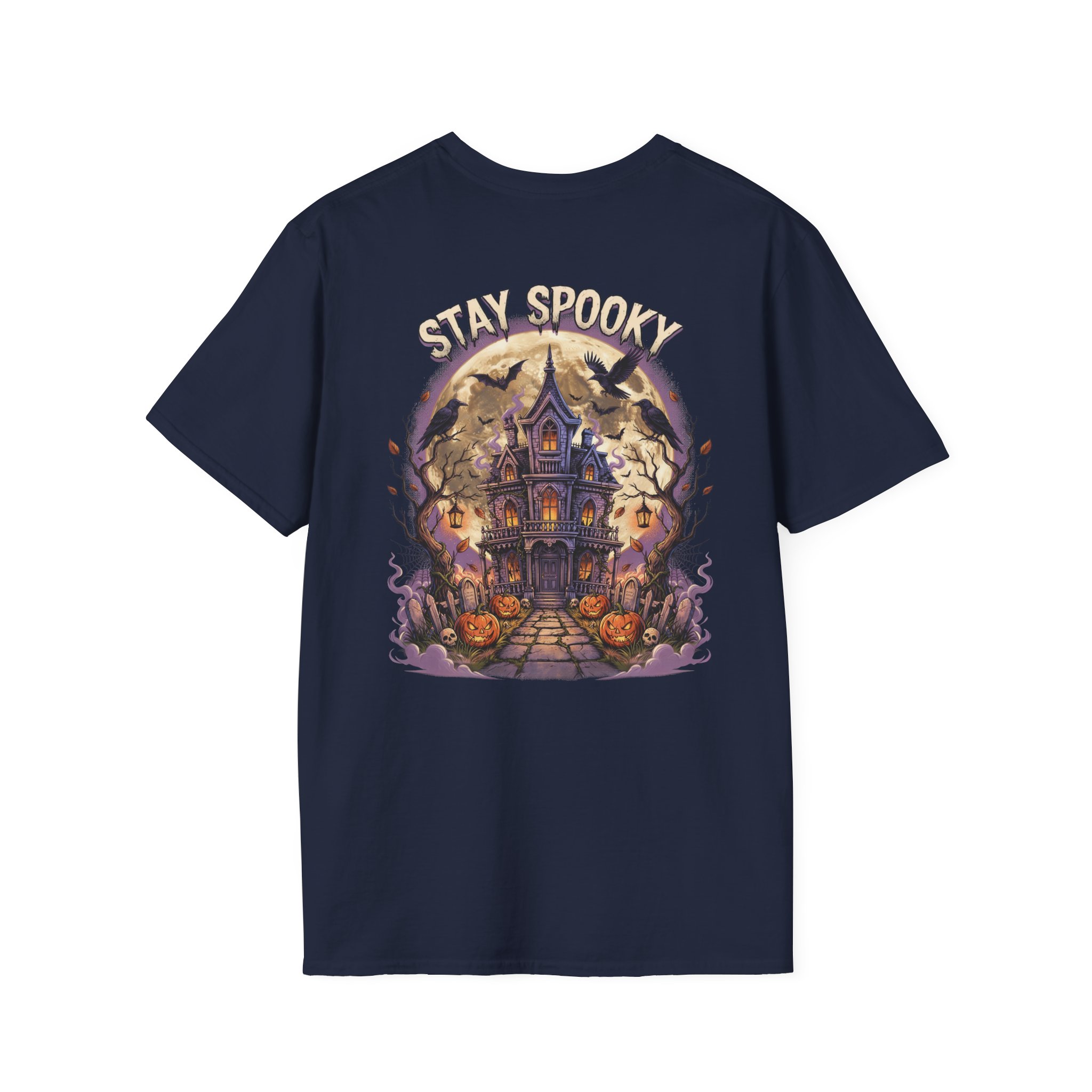 Back view of a black Stay Spooky unisex heavy cotton t-shirt featuring a large vintage Halloween graphic and bold retro typography.