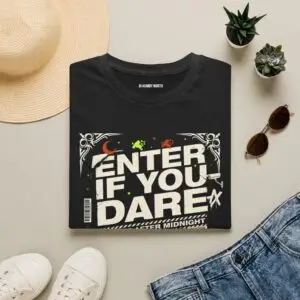 Enter If You Dare vintage Halloween graphic t-shirt featuring distressed typography with the phrase "Enter If You Dare" and the tagline "No Exit After Midnight" printed on a premium Gildan Softstyle unisex tee.