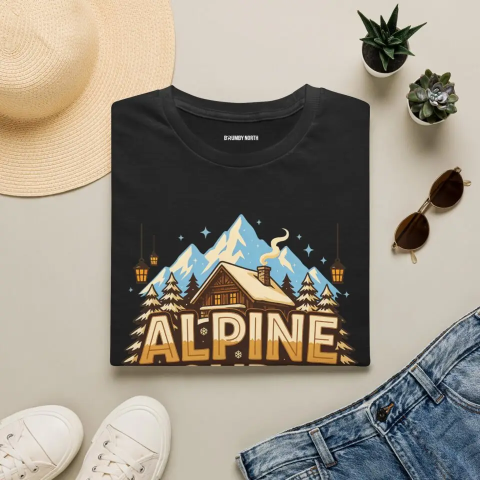 Alpine Holiday Lodge vintage mountain cabin graphic T-shirt on female model Black Alpine Holiday Lodge Christmas graphic tee front view Cozy mountain lodge holiday unisex T-shirt Winter cabin Christmas graphic shirt with alpine scenery