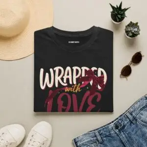 Woman wearing a black Wrapped with Love Christmas graphic t-shirt featuring festive typography with a holiday ribbon and gift bow design.