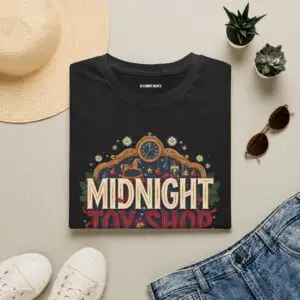Woman wearing a black Midnight Toy Shop vintage Christmas graphic unisex t-shirt featuring retro holiday typography and festive toy store artwork while wearing a Santa hat in a white studio setting.
