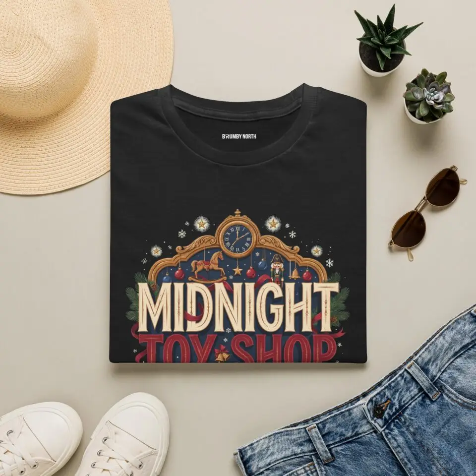 Woman wearing a black Midnight Toy Shop vintage Christmas graphic unisex t-shirt featuring retro holiday typography and festive toy store artwork while wearing a Santa hat in a white studio setting.