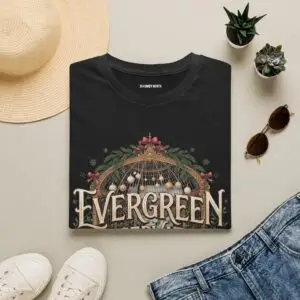Evergreen Conservatory vintage botanical Christmas graphic T-shirt on female model Navy Evergreen Conservatory holiday greenhouse graphic tee front view Vintage botanical Christmas unisex T-shirt Evergreen Conservatory festive greenhouse graphic shirt