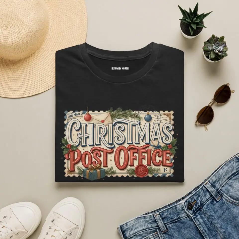 Christmas Post Office vintage holiday graphic T-shirt on female model Black Christmas Post Office retro postal graphic tee front view Vintage Christmas mail themed unisex T-shirt Christmas Post Office holiday graphic shirt with antique postal artwork