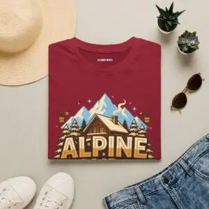 Alpine Holiday Lodge vintage mountain cabin graphic T-shirt on female model Black Alpine Holiday Lodge Christmas graphic tee front view Cozy mountain lodge holiday unisex T-shirt Winter cabin Christmas graphic shirt with alpine scenery