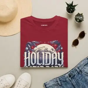 Holiday After Dark retro Christmas graphic T-shirt on female model Forest green Holiday After Dark vintage Christmas graphic tee Holiday After Dark moonlight Christmas unisex T-shirt Retro winter holiday graphic shirt front view