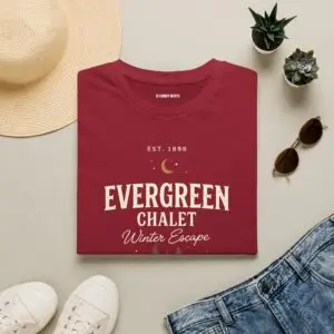 Evergreen Chalet Winter Escape Christmas graphic T-shirt on female model Forest green vintage Christmas cabin graphic tee front view Cozy winter lodge inspired unisex holiday T-shirt Evergreen Chalet Christmas shirt premium cotton graphic tee