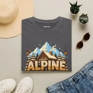 Alpine Holiday Lodge vintage mountain cabin graphic T-shirt on female model Black Alpine Holiday Lodge Christmas graphic tee front view Cozy mountain lodge holiday unisex T-shirt Winter cabin Christmas graphic shirt with alpine scenery