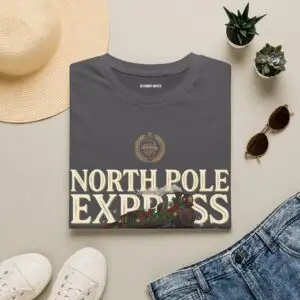 Unisex Gildan 64000 Christmas t-shirt featuring the "North Pole Express" vintage typography with a festive steam train, Christmas foliage, and the "Christmas Service Since 1887" tagline on the front.