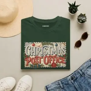 Christmas Post Office vintage holiday graphic T-shirt on female model Black Christmas Post Office retro postal graphic tee front view Vintage Christmas mail themed unisex T-shirt Christmas Post Office holiday graphic shirt with antique postal artwork