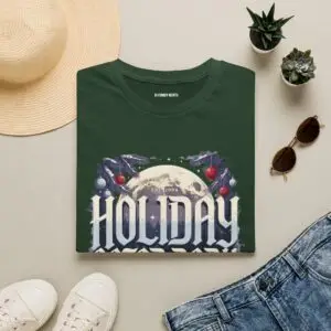 Holiday After Dark retro Christmas graphic T-shirt on female model Forest green Holiday After Dark vintage Christmas graphic tee Holiday After Dark moonlight Christmas unisex T-shirt Retro winter holiday graphic shirt front view