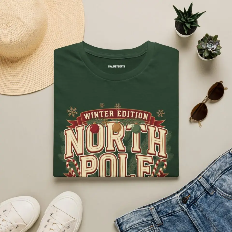 Image Alt Text Front Images North Pole Winter Edition athletic club graphic T-shirt on female model Forest green North Pole Winter Edition Christmas graphic tee front view Vintage holiday athletic club unisex T-shirt North Pole varsity Christmas graphic shirt Lifestyle Images Woman wearing North Pole Winter Edition holiday T-shirt in studio Casual festive outfit featuring North Pole Winter Edition graphic tee Close-up Images North Pole Winter Edition varsity Christmas graphic close-up Premium DTG printed holiday athletic club design on forest green T-shirt