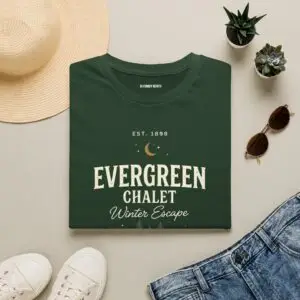Evergreen Chalet Winter Escape Christmas graphic T-shirt on female model Forest green vintage Christmas cabin graphic tee front view Cozy winter lodge inspired unisex holiday T-shirt Evergreen Chalet Christmas shirt premium cotton graphic tee