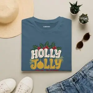Holly Jolly Club retro Christmas graphic T-shirt on female model Black Holly Jolly Club holiday graphic tee front view Vintage Christmas typography unisex T-shirt Retro festive Christmas shirt with holly leaf design