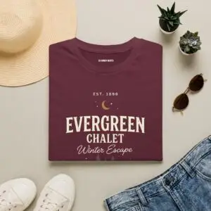 Evergreen Chalet Winter Escape Christmas graphic T-shirt on female model Forest green vintage Christmas cabin graphic tee front view Cozy winter lodge inspired unisex holiday T-shirt Evergreen Chalet Christmas shirt premium cotton graphic tee