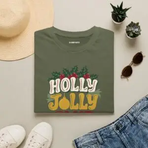 Holly Jolly Club retro Christmas graphic T-shirt on female model Black Holly Jolly Club holiday graphic tee front view Vintage Christmas typography unisex T-shirt Retro festive Christmas shirt with holly leaf design