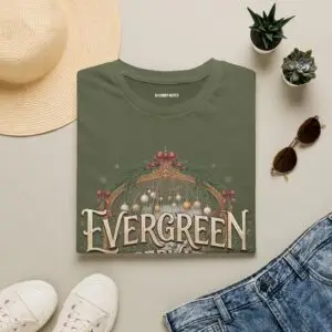 Evergreen Conservatory vintage botanical Christmas graphic T-shirt on female model Navy Evergreen Conservatory holiday greenhouse graphic tee front view Vintage botanical Christmas unisex T-shirt Evergreen Conservatory festive greenhouse graphic shirt