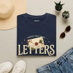 Letters from the North Pole vintage Christmas graphic T-shirt Burgundy Christmas mail graphic tee on female model North Pole Post holiday unisex T-shirt front view Vintage Christmas letter graphic premium cotton shirt
