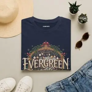 Evergreen Conservatory vintage botanical Christmas graphic T-shirt on female model Navy Evergreen Conservatory holiday greenhouse graphic tee front view Vintage botanical Christmas unisex T-shirt Evergreen Conservatory festive greenhouse graphic shirt