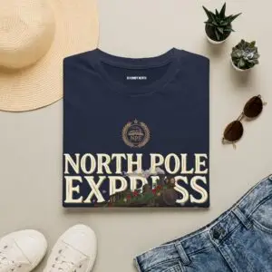 Unisex Gildan 64000 Christmas t-shirt featuring the "North Pole Express" vintage typography with a festive steam train, Christmas foliage, and the "Christmas Service Since 1887" tagline on the front.
