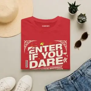 Enter If You Dare vintage Halloween graphic t-shirt featuring distressed typography with the phrase "Enter If You Dare" and the tagline "No Exit After Midnight" printed on a premium Gildan Softstyle unisex tee.