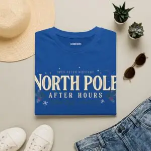 Unisex Gildan 64000 Christmas t-shirt featuring the "North Pole After Hours" vintage typography design with festive holly leaves and the "Winter Nights Since 1823" tagline on the front.
