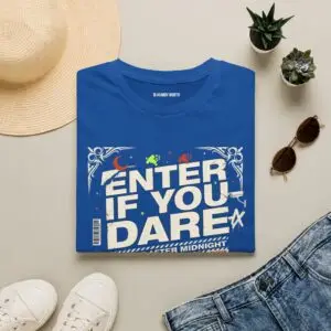 Enter If You Dare vintage Halloween graphic t-shirt featuring distressed typography with the phrase "Enter If You Dare" and the tagline "No Exit After Midnight" printed on a premium Gildan Softstyle unisex tee.