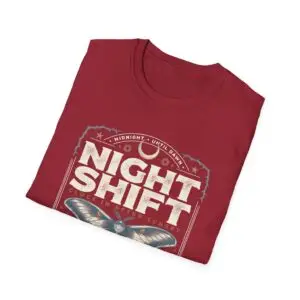 Woman wearing a red Night Shift vintage moth graphic unisex t-shirt with gothic typography and pocket watch illustration on a white studio background.