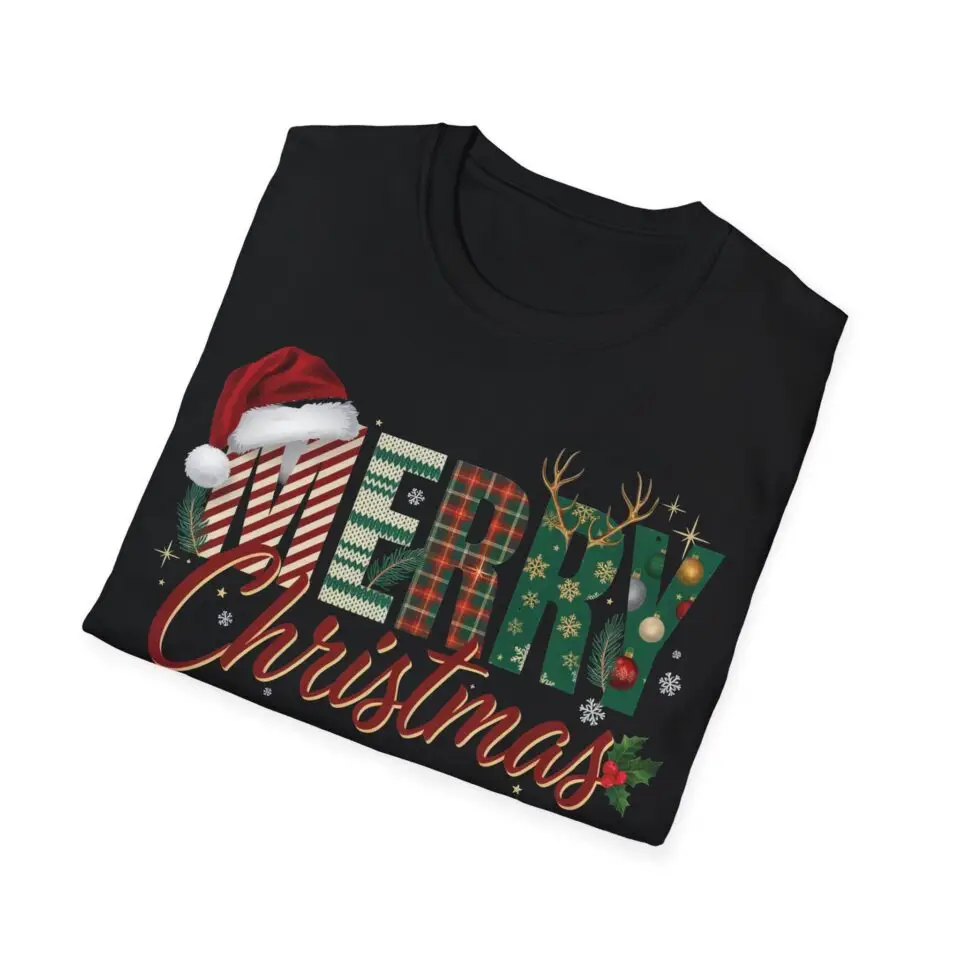 Smiling woman wearing a black Merry Christmas plaid graphic unisex t-shirt featuring festive lettering, Santa hat, reindeer antlers, and holiday decorations in a white studio setting.