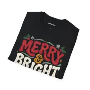 Unisex Gildan 64000 Christmas t-shirt featuring the "Merry & Bright" festive typography design with elegant Christmas leaves in a clean, minimalist holiday style.