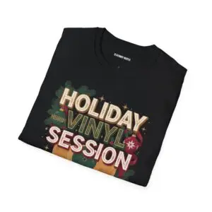 Holiday Vinyl Session retro Christmas record graphic T-shirt on female model Black Holiday Vinyl Session Christmas vinyl graphic tee front view Vintage Christmas music lover unisex T-shirt Retro vinyl record holiday graphic shirt