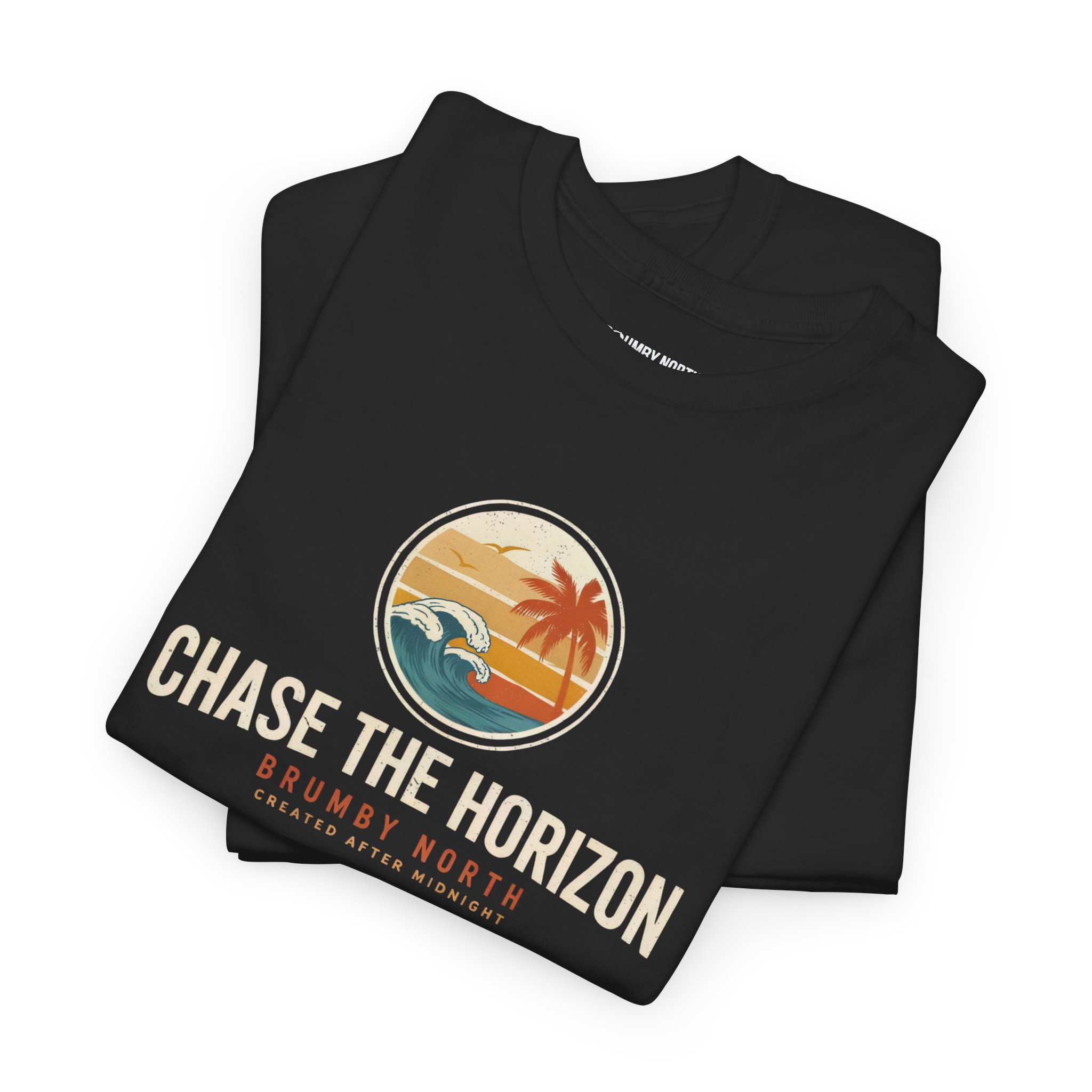 Front Image Woman wearing an olive green Chase The Horizon vintage surf graphic unisex heavy cotton t-shirt featuring a retro sunset chest print in a professional studio. Back Image Back view of woman wearing an olive green Chase The Horizon vintage surf graphic t-shirt with a large retro ocean wave and sunset illustration in a studio setting