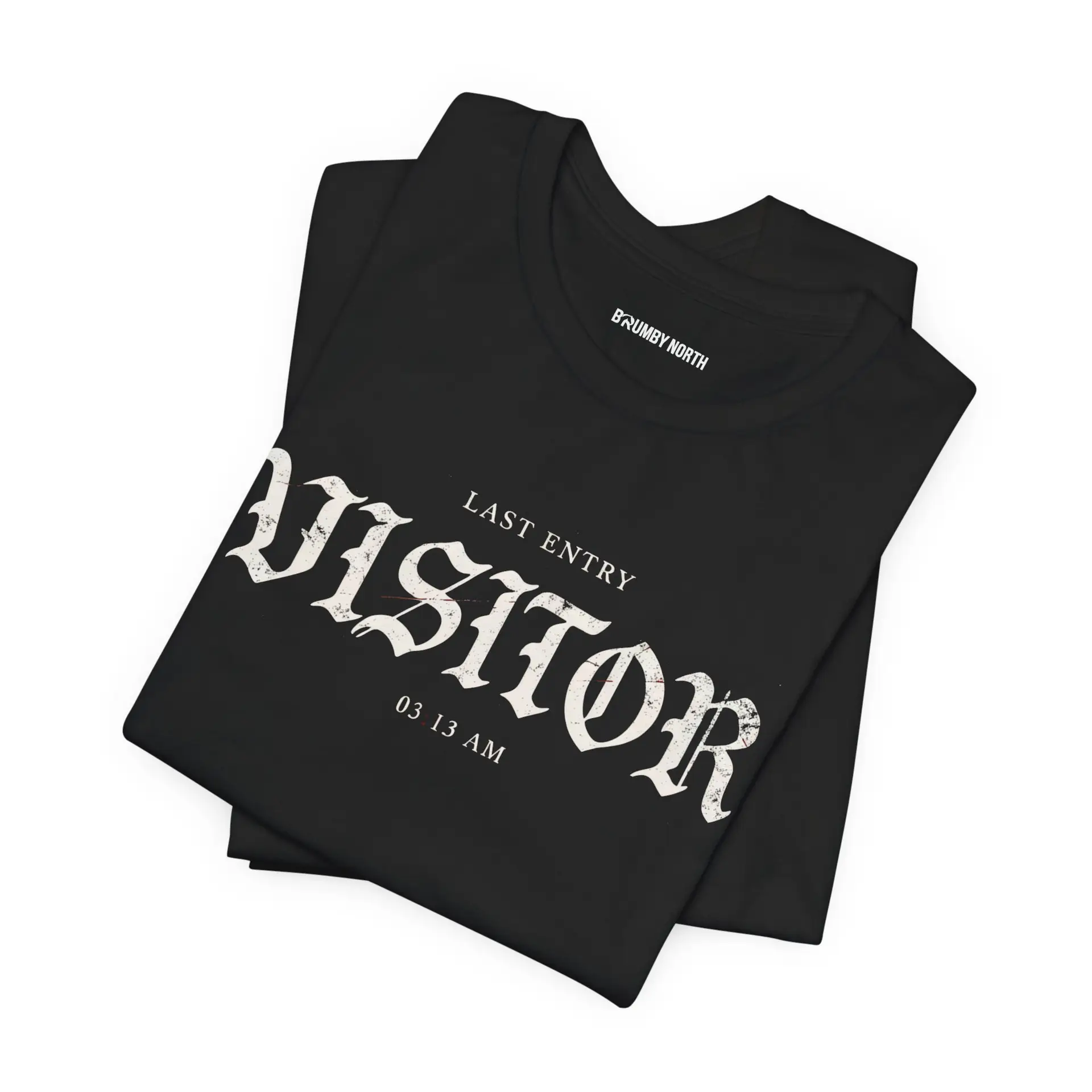 Image Alt Text (Front) Black Bella+Canvas 3001 unisex t-shirt featuring a vintage gothic "Visitor" front graphic with minimalist horror typography, modeled in a studio setting. Image Alt Text (Back) Back view of a black Bella+Canvas 3001 unisex t-shirt featuring "The Last Visitor" gothic horror back graphic with vintage typography and subtle distressed details, modeled in a studio setting.