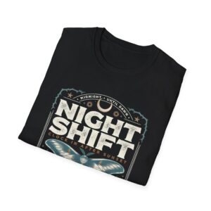 Woman wearing a red Night Shift vintage moth graphic unisex t-shirt with gothic typography and pocket watch illustration on a white studio background.