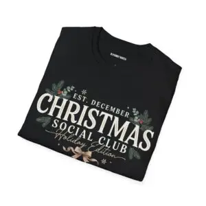 Minimalist Christmas Social Club graphic printed on a unisex Gildan 64000 t-shirt featuring vintage typography, festive holiday foliage, and the "Holiday Edition" tagline.