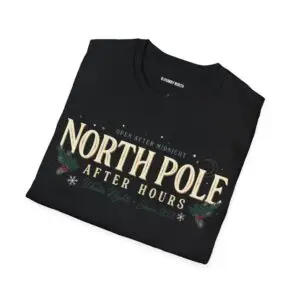 Unisex Gildan 64000 Christmas t-shirt featuring the "North Pole After Hours" vintage typography design with festive holly leaves and the "Winter Nights Since 1823" tagline on the front.