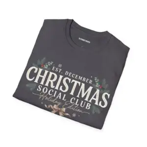 Minimalist Christmas Social Club graphic printed on a unisex Gildan 64000 t-shirt featuring vintage typography, festive holiday foliage, and the "Holiday Edition" tagline.