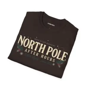 Unisex Gildan 64000 Christmas t-shirt featuring the "North Pole After Hours" vintage typography design with festive holly leaves and the "Winter Nights Since 1823" tagline on the front.