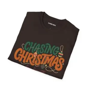 Unisex Gildan 64000 Christmas t-shirt featuring the "Chasing Christmas" vintage typography design with the "Since Snow Fell" tagline in a minimalist holiday streetwear style.
