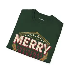 Image Alt Text Front Images Merry Christmas Market graphic T-shirt on female model Forest green Merry Christmas Market vintage holiday tee Christmas Market graphic unisex holiday T-shirt Vintage Christmas Market design front view Lifestyle Images Woman wearing Merry Christmas Market Christmas T-shirt Casual winter outfit featuring Merry Christmas Market graphic tee Close-up Images Merry Christmas Market vintage holiday graphic close-up Premium DTG Christmas Market artwork on green T-shirt