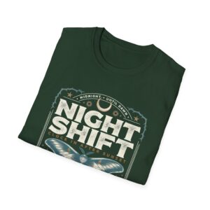 Woman wearing a red Night Shift vintage moth graphic unisex t-shirt with gothic typography and pocket watch illustration on a white studio background.