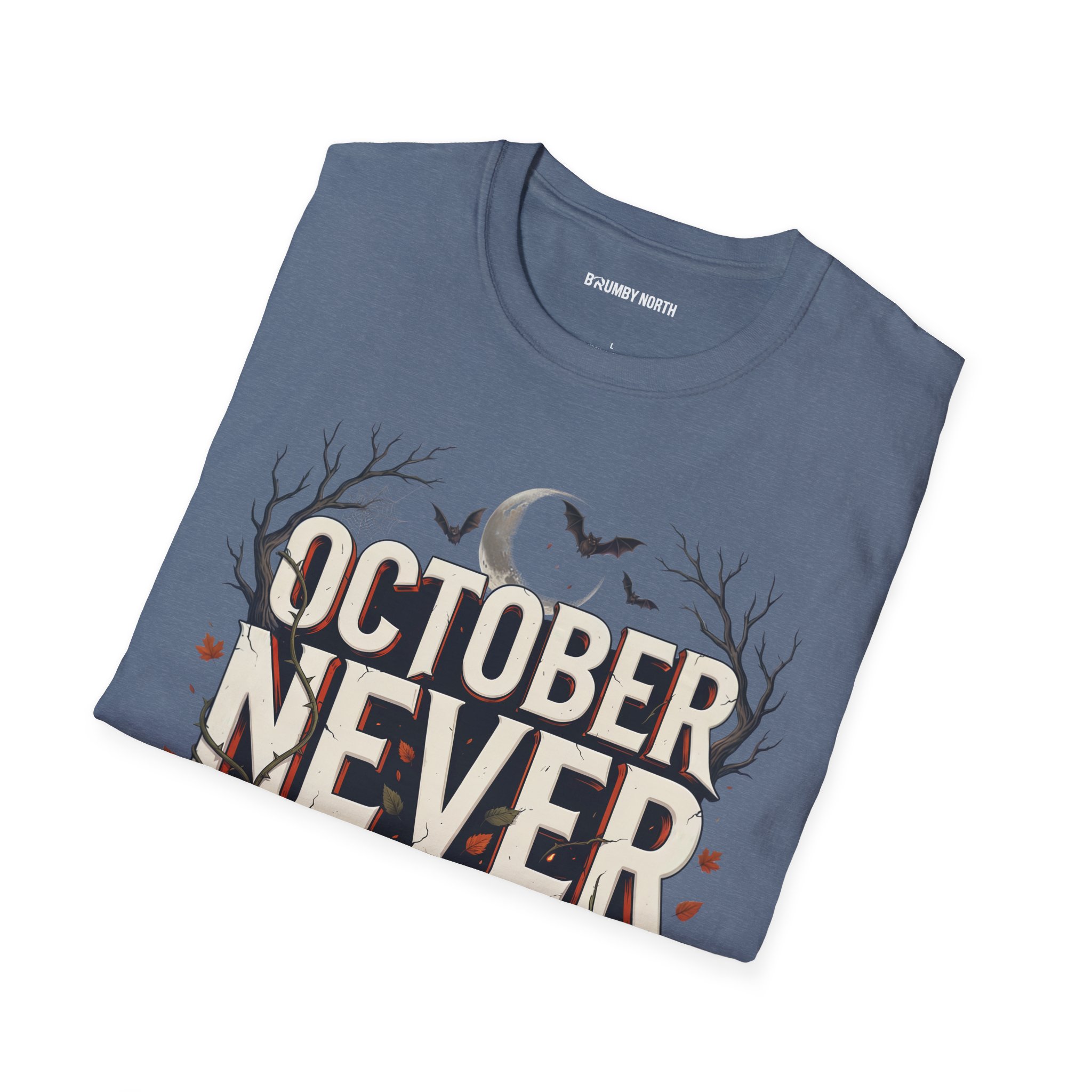 Woman wearing a purple October Never Sleeps Halloween graphic t-shirt featuring a vintage spooky typography design with moon, bats, and autumn tree silhouettes in a professional studio.