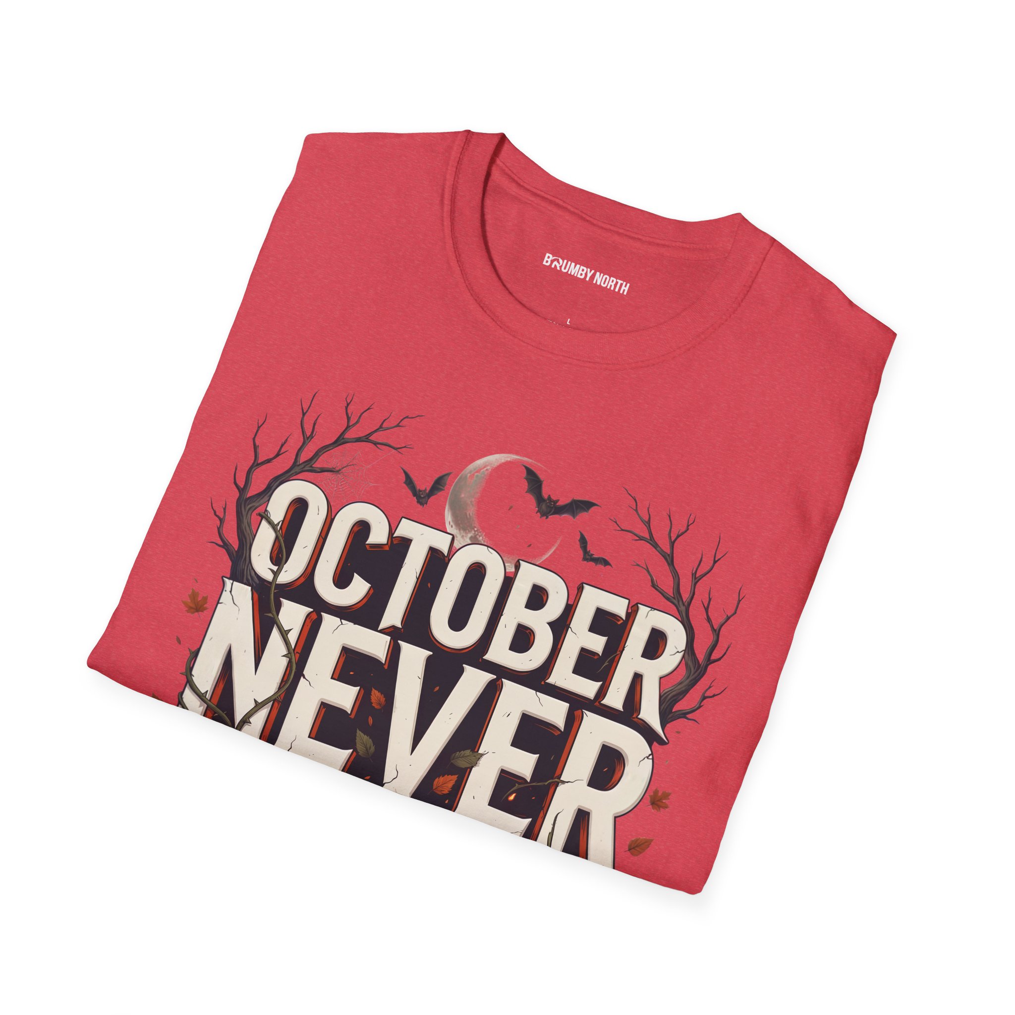 Woman wearing a purple October Never Sleeps Halloween graphic t-shirt featuring a vintage spooky typography design with moon, bats, and autumn tree silhouettes in a professional studio.